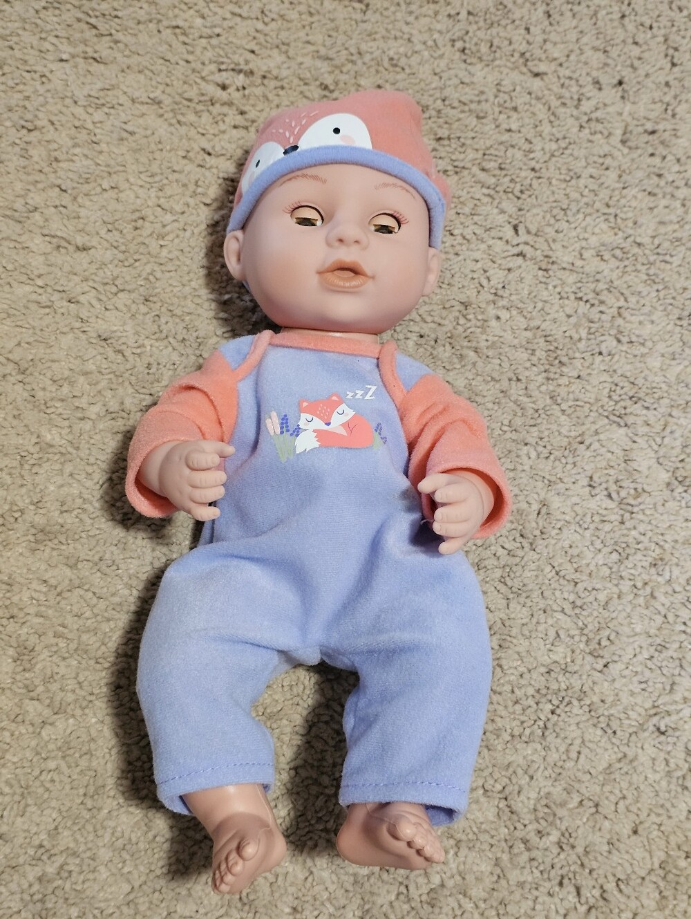 Blinking Baby Doll 12" Toy Soft Body with Fox Outfit and Hat